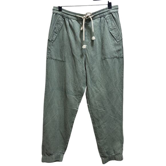 C&C California Linen Lyocell Cargo Pants L Green Pockets Pull On Tapered Leg - Picture 1 of 7